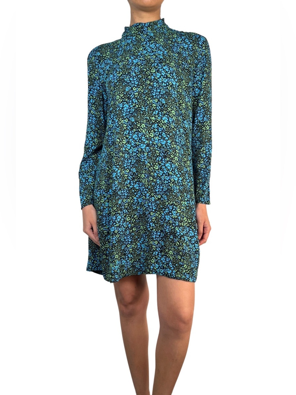 Bimba Y Lola Floral Print Mock Neck Shift Dress Blue Green Size Medium
